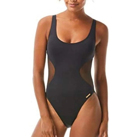 Vince Camuto Mesh Cutouts Scoop Neck One-Piece Black Swimsuit - Picture 1 of 8